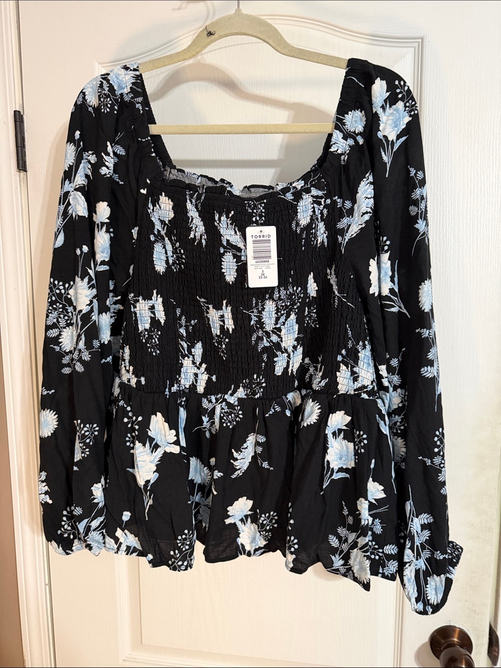 torrid Black Top with Light Blue & White Floral Smocked Peplum